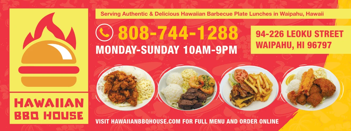 Hawaiian BBQ House promotional banner combining its red-and-yellow identity with four food photographs and historical business information