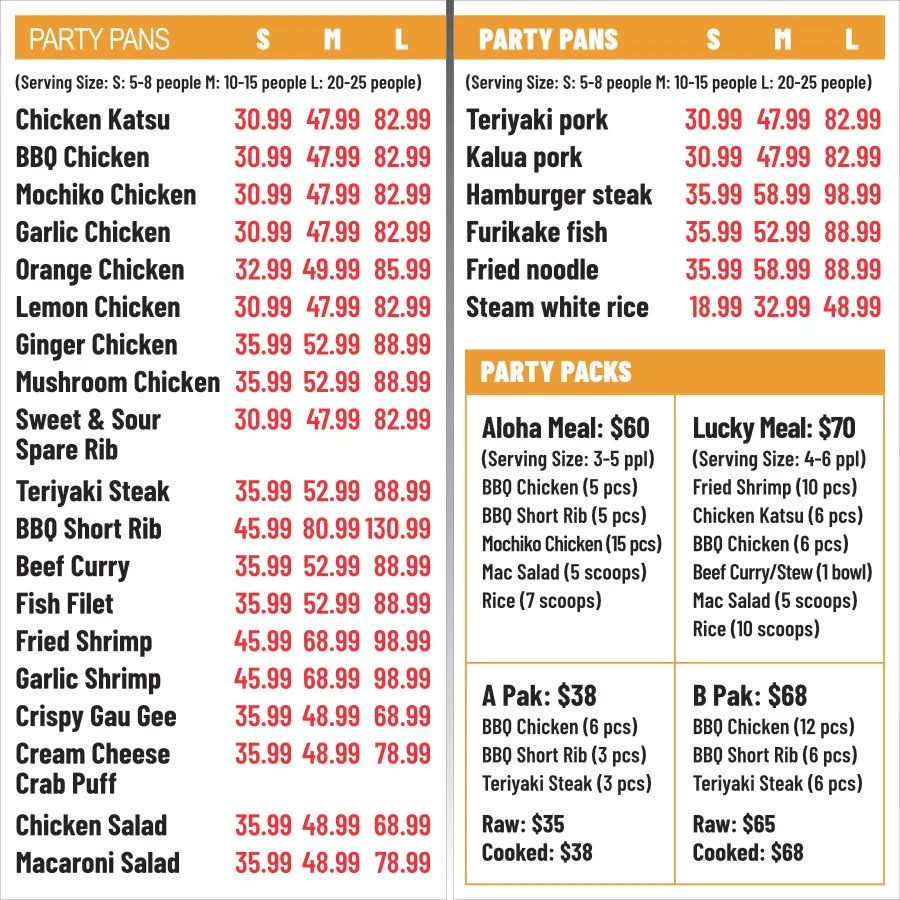 Catering poster with party-pan sizes and grouped meal packages