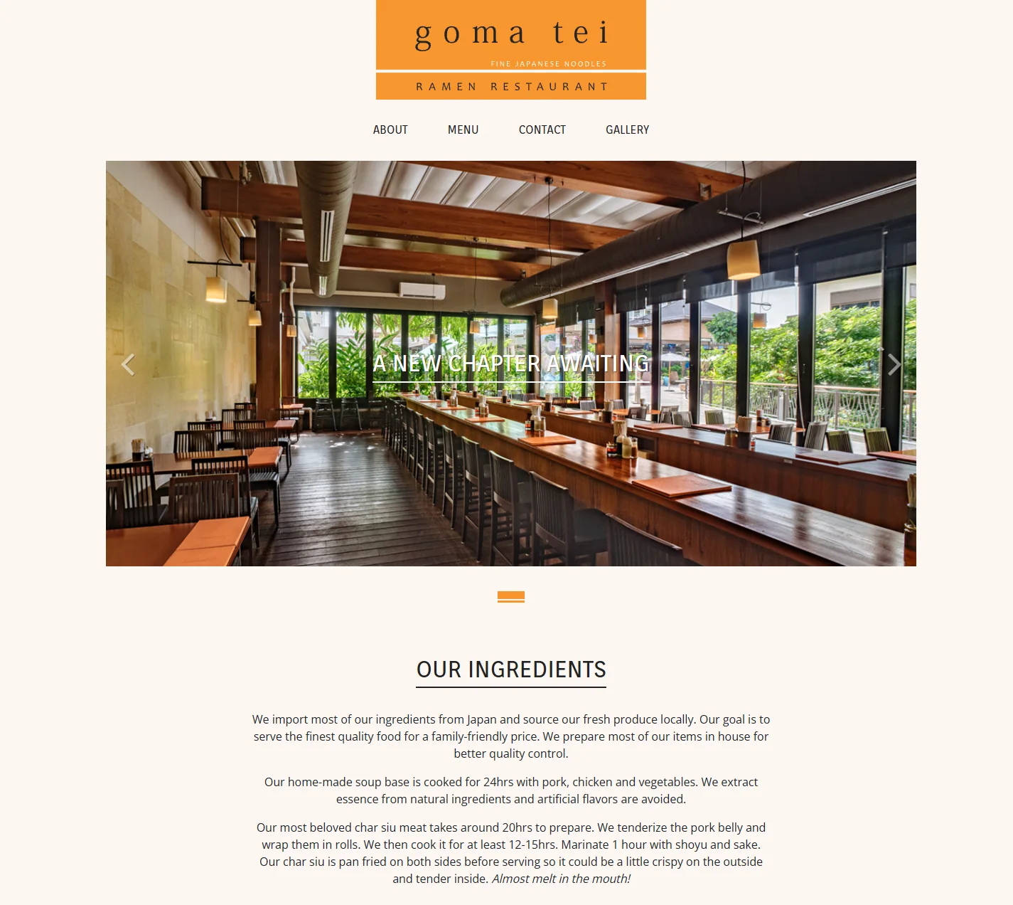 Goma Tei homepage with its orange wordmark, restaurant interior, and ingredients introduction