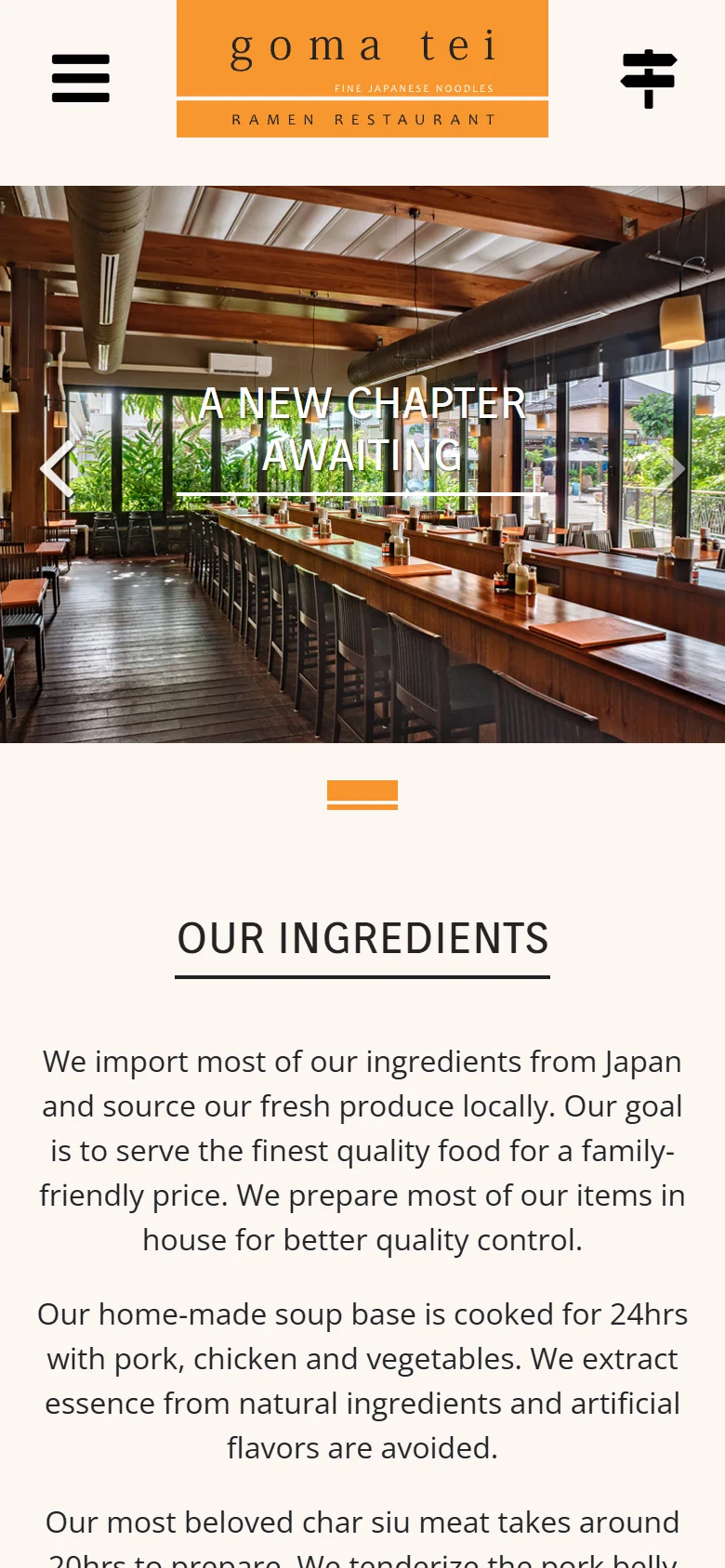 Goma Tei mobile homepage showing compact navigation, the restaurant interior, and ingredients introduction