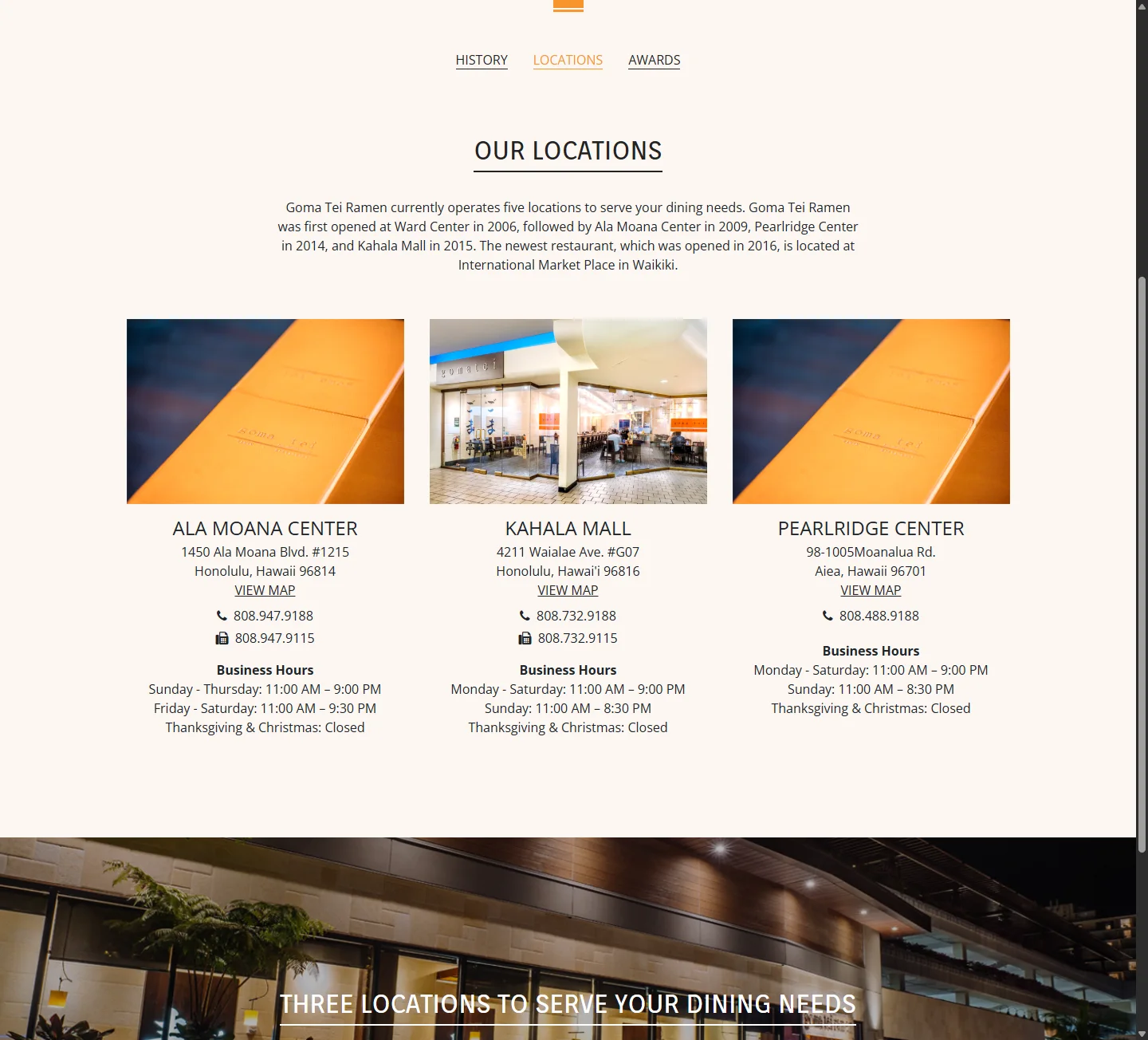 Goma Tei locations page with restaurant entries showing photographs, addresses, map links, phone numbers, and business hours