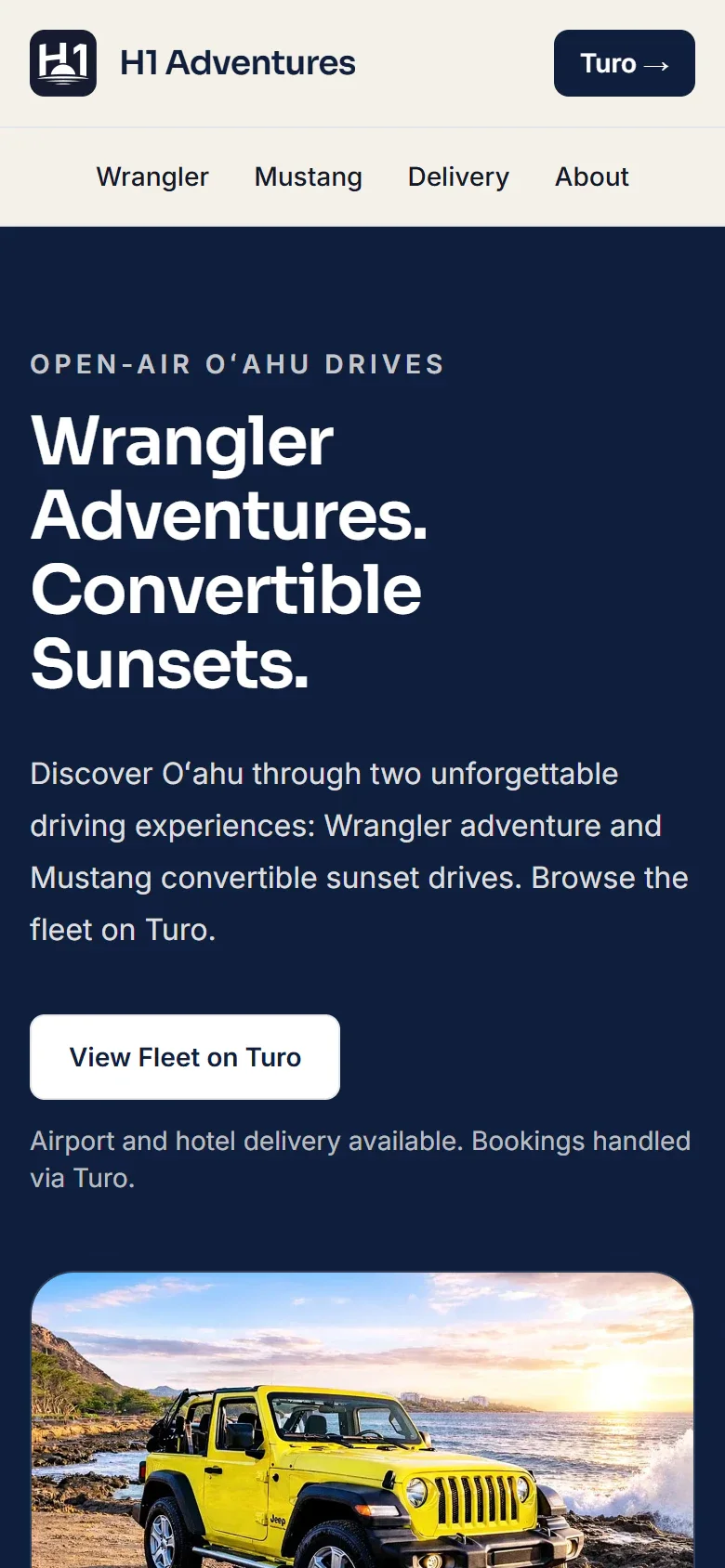 Mobile view of the H1 Adventures homepage with driving experiences and booking paths