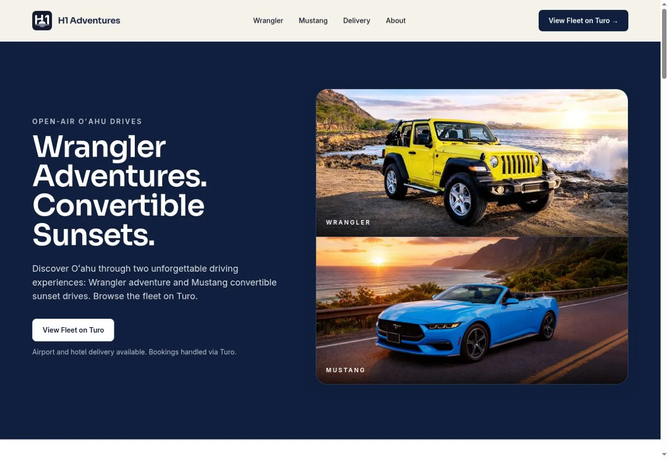 H1 Adventures homepage introducing Wrangler and Mustang driving experiences