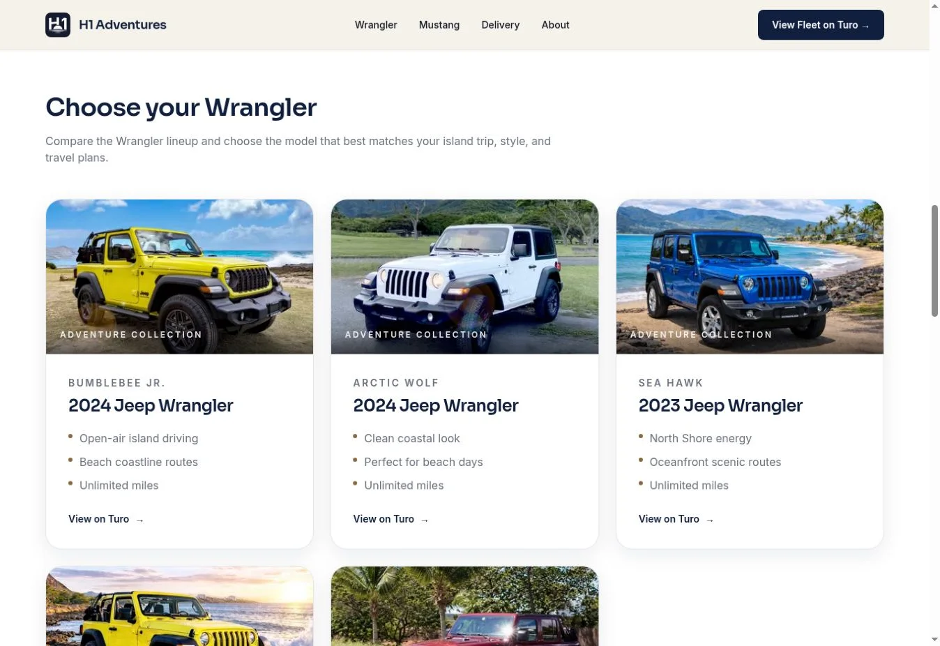 H1 Adventures vehicle page showing a selection of Wrangler models