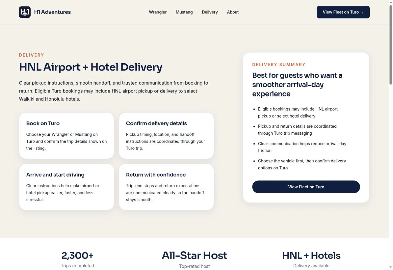 H1 Adventures delivery page explaining airport and hotel delivery
