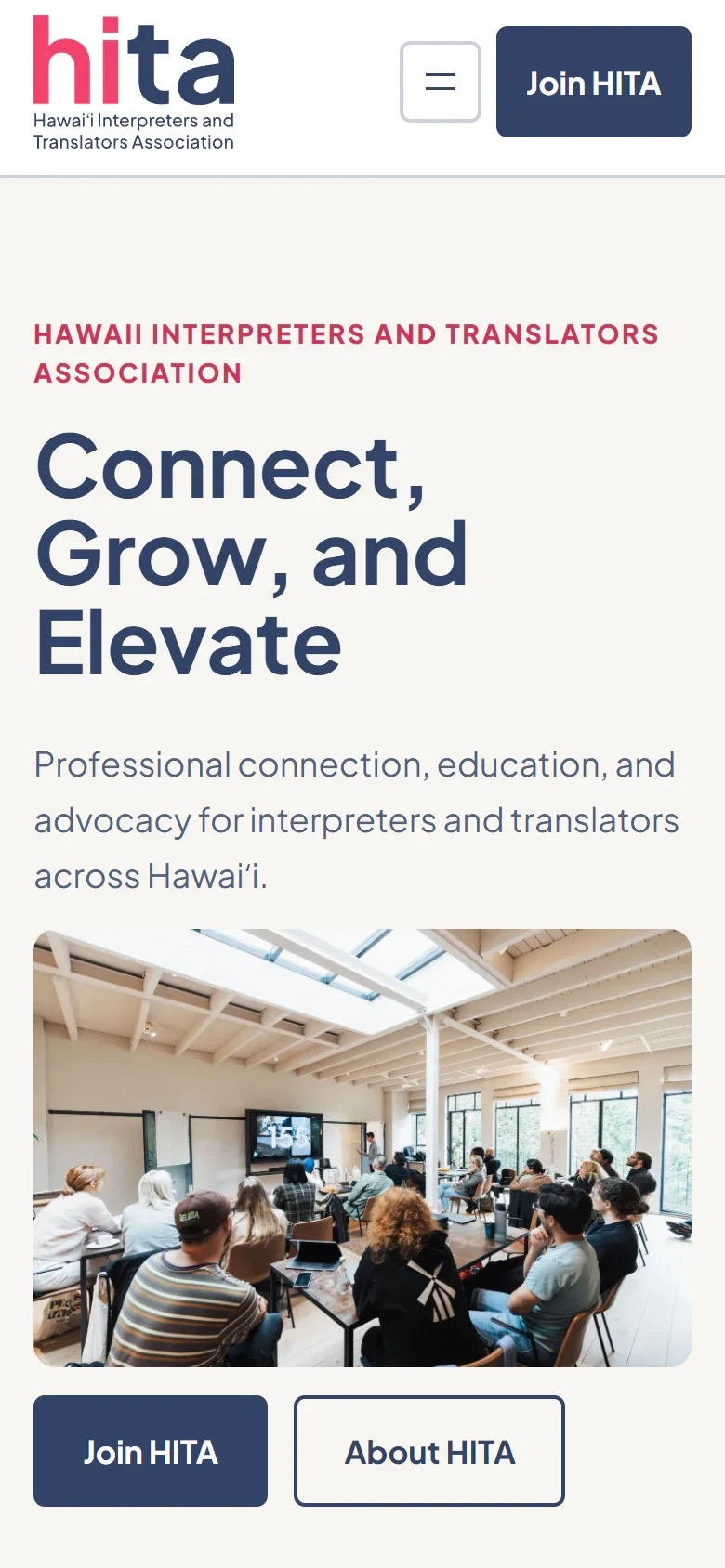Mobile view of the HITA homepage with association information and events