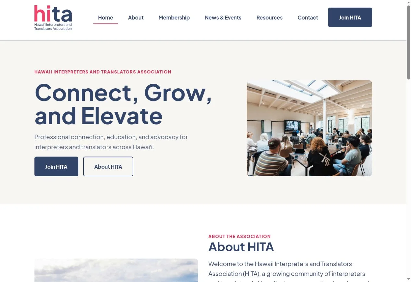 HITA homepage showing its navigation and Connect, Grow, and Elevate introduction