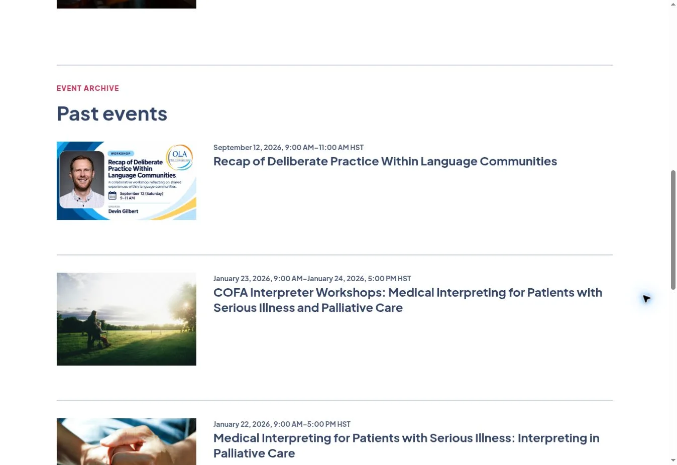 HITA event archive showing structured upcoming and past events