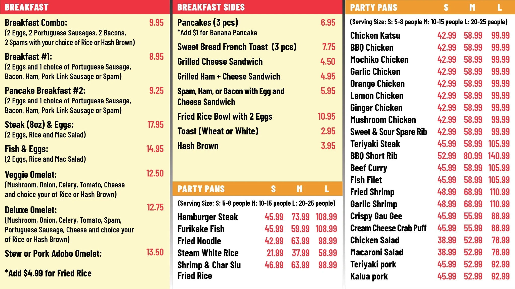 Digital menu board grouping breakfast, breakfast sides, and party pans