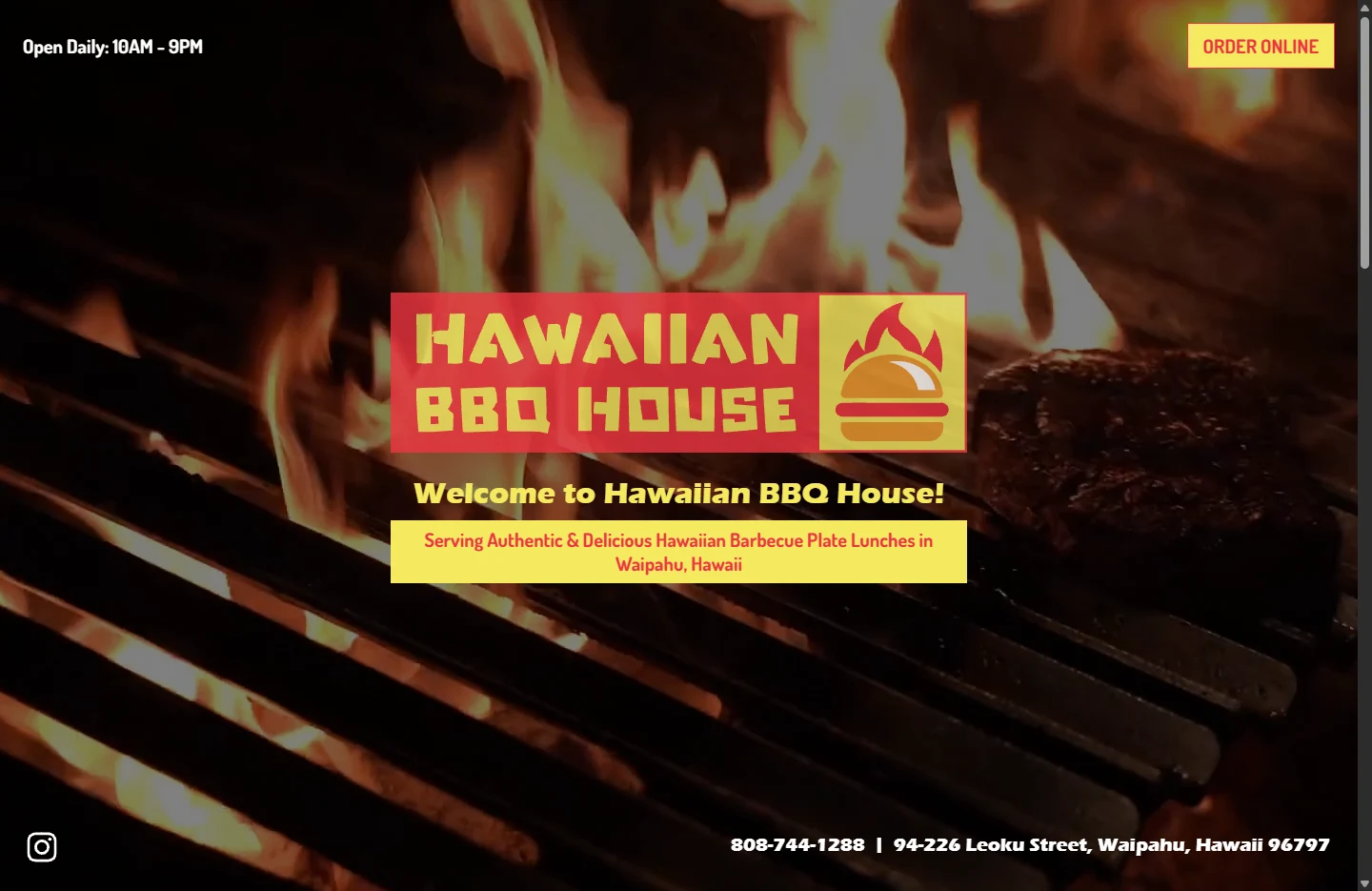 Archived desktop website opening with prominent restaurant branding over food imagery
