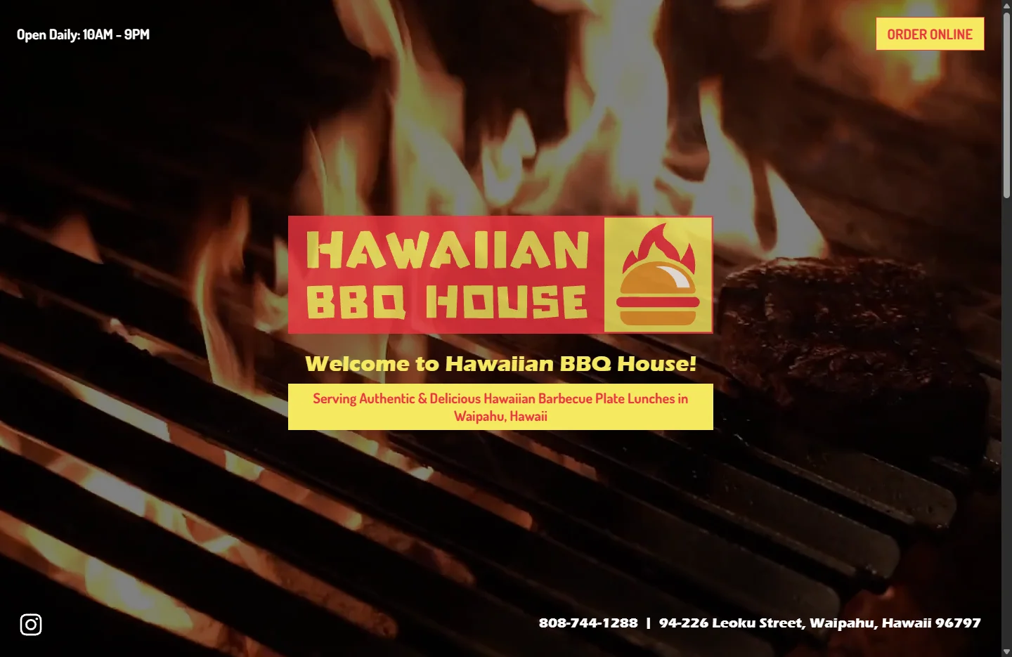 Archived Hawaiian BBQ House website opening with the restaurant logo and food photography